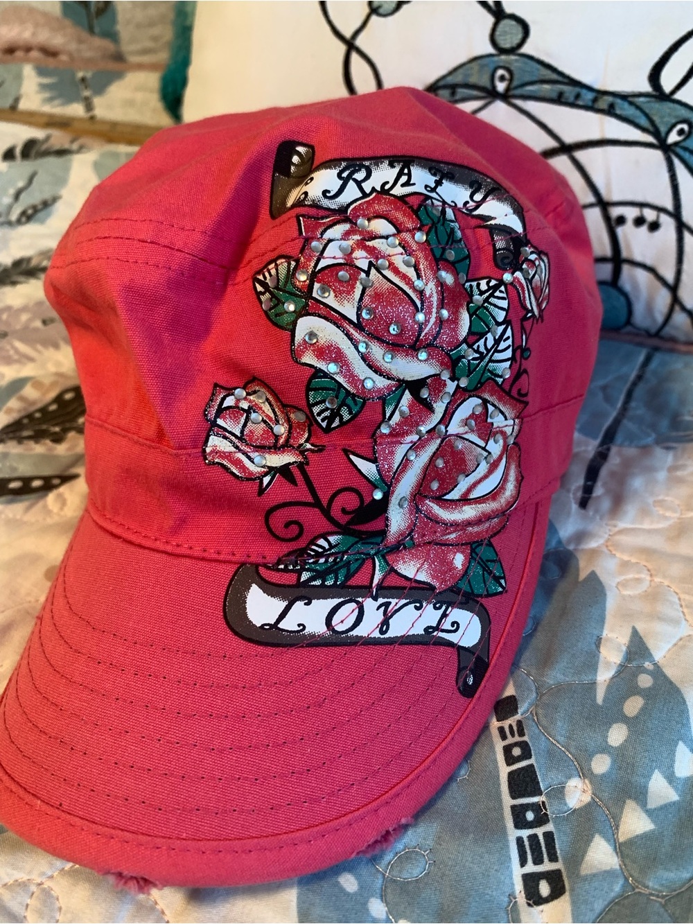 Pink Floral Rose Military Cap with 'Crazy Love' banner